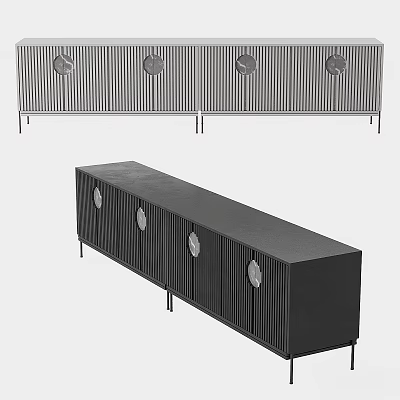 Modern Black Sideboard With Vertical Stripes And Round Decorative Accents 3d model
