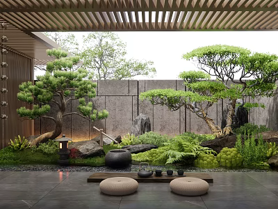 Courtyard Garden With Wooden Slatted Pergola Pine Trees Stone Wall And Floor Cushions 3d model
