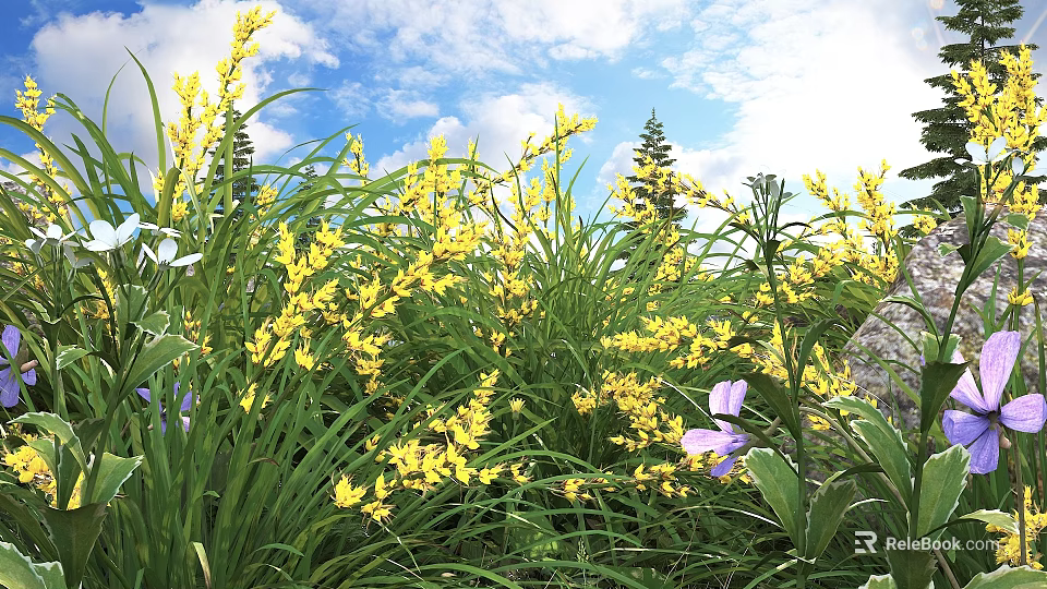 Vibrant Yellow And Purple Flowers Growing In Green Grass With Blue Sky And White Clouds 3d model 