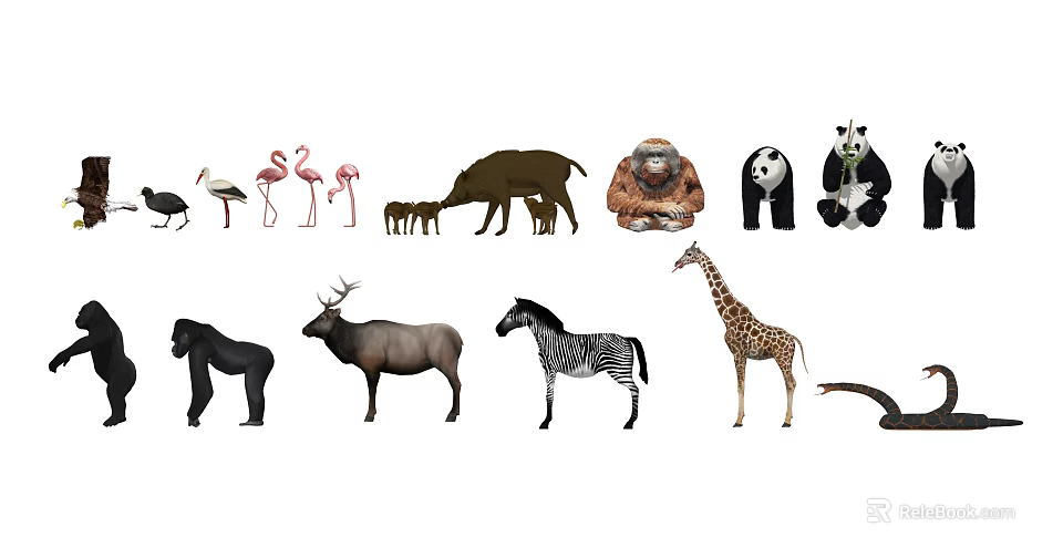 Reptile Snake Among Different Wild Animals in Natural Habitat Setting 3d model 