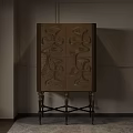 Elegant Ornate Console Cabinet with Golden Carved Patterns Brown Body and Black Metal Base