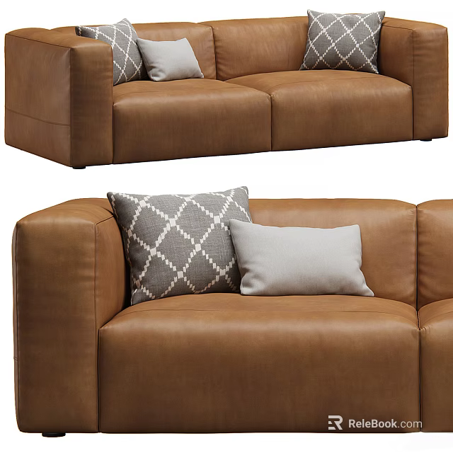Modern Brown Leather Two Seater Sofa With Decorative Pillows And Interior Design 3d model