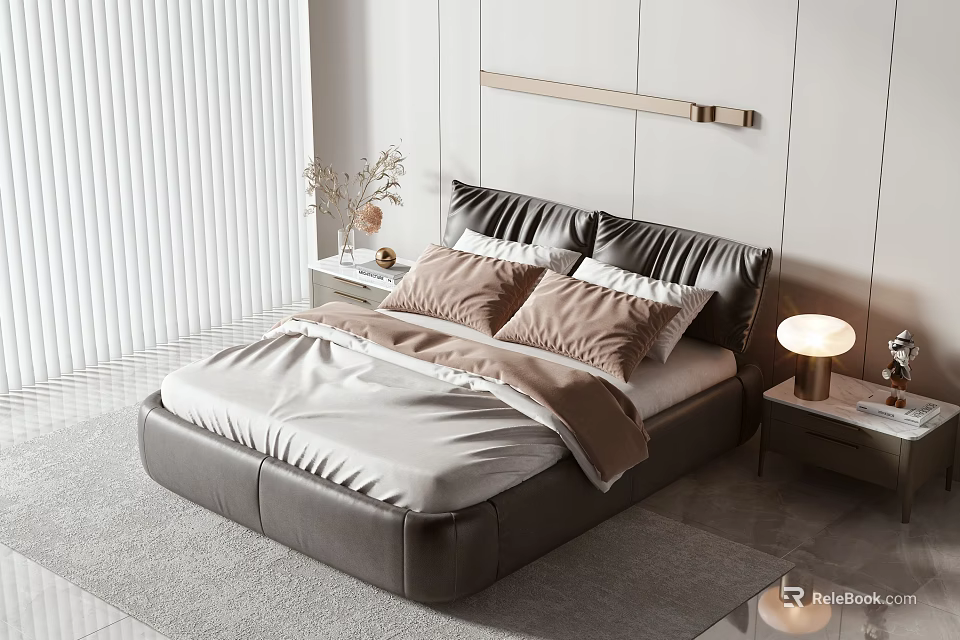 Modern Double Bed With Leather Headboard Pillows Nightstands And Wall Light 3d model