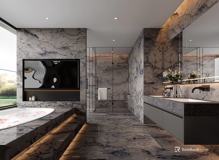 Modern Luxury Marble Bathroom Interior With Spacious Bathtub Double Sink Vanity And Glass Shower Partition 3d model 