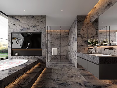 Modern Luxury Marble Bathroom Interior With Spacious Bathtub Double Sink Vanity And Glass Shower Partition 3d model