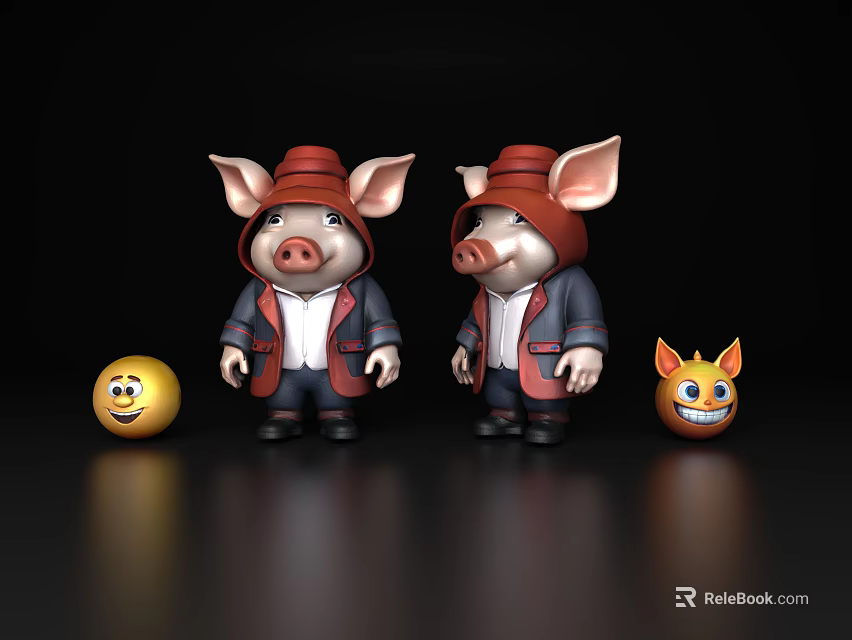 Cute Reptile Dolls Wearing Red Hats With Smiley Balls 3d model 
