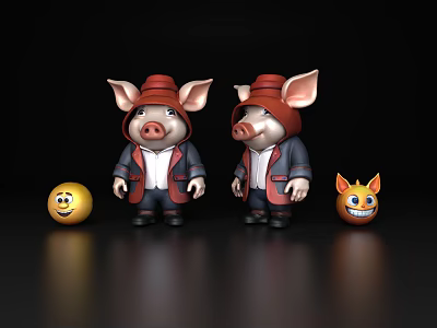 Cute Reptile Dolls Wearing Red Hats With Smiley Balls 3d model