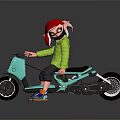 Turquoise Motorcycle With Red Haired Character In Green Jacket And Colorful Shoes