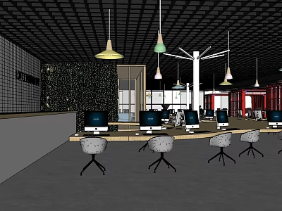 Modern Specialty Store Interior With Hanging Lamps Greenery Wall And Computer Displays 3d model