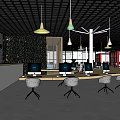 Modern Specialty Store Interior With Hanging Lamps Greenery Wall And Computer Displays