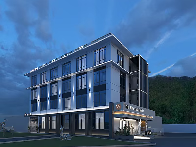 Modern Boutique Guesthouse Building With Large Windows Evening Lighting And Mountain View 3d model