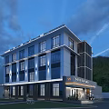 Modern Boutique Guesthouse Building With Large Windows Evening Lighting And Mountain View