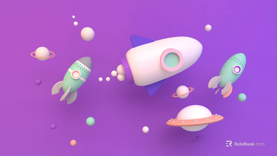 Cartoon Space Scene With Colorful Rockets Planets And Floating Dots On Purple Background 3d model 