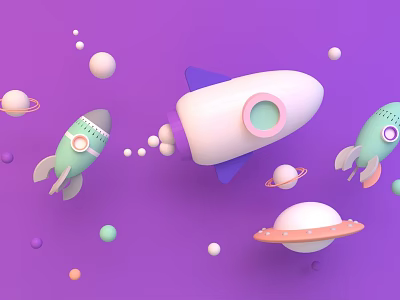 Cartoon Space Scene With Colorful Rockets Planets And Floating Dots On Purple Background 3d model