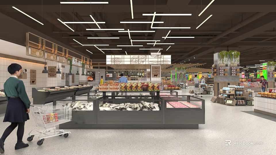Spacious Supermarket Interior With Display Counters Shopping Cart Various Goods And Bright Lighting 3d model 