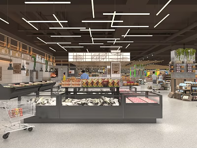 Spacious Supermarket Interior With Display Counters Shopping Cart Various Goods And Bright Lighting 3d model