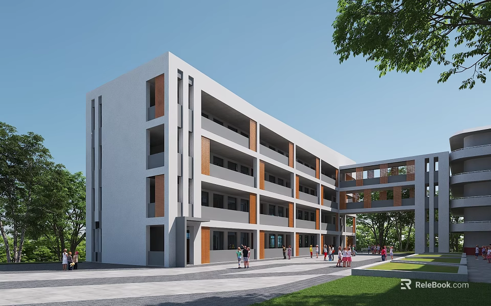 Modern Multi Story School Building White Brown Exterior Surrounded By Trees Lawn And Student Area 3d model 
