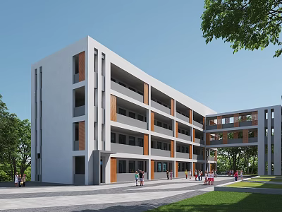 Modern Multi Story School Building White Brown Exterior Surrounded By Trees Lawn And Student Area 3d model