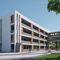 Modern Multi Story School Building White Brown Exterior Surrounded By Trees Lawn And Student Area