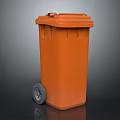 Building Exterior Featuring Orange Wheeled Trash Bin For Waste Disposal