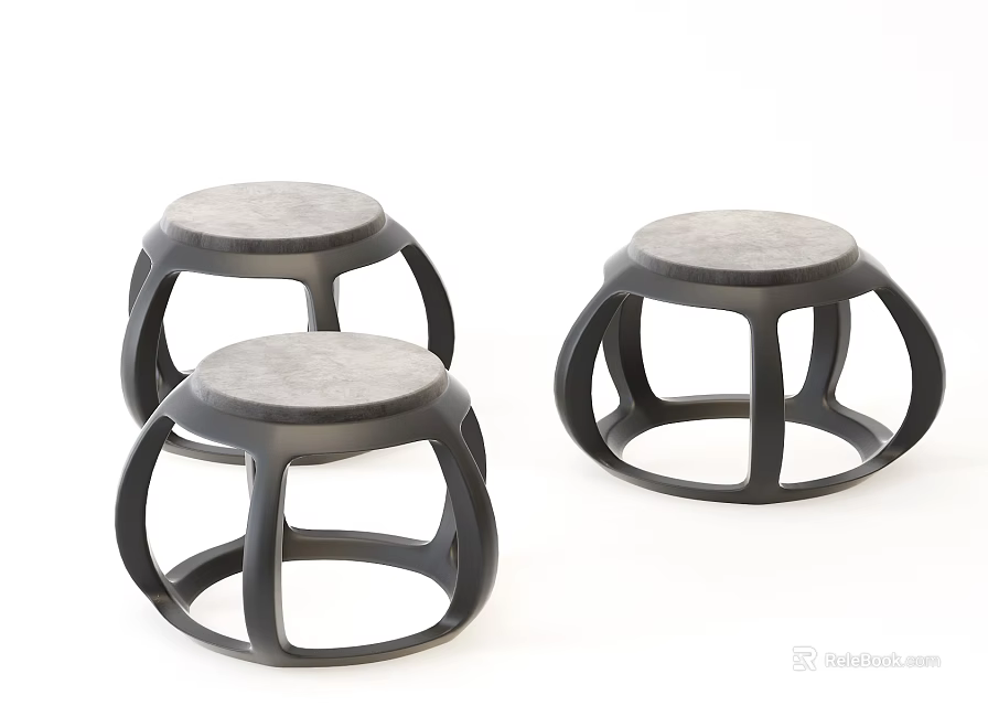 Three Modern Stools With Gray Tops And Black Circular Frames For Modern Home Interior 3d model