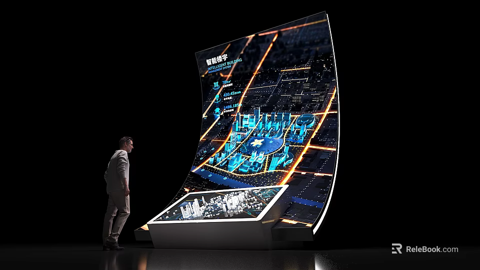 Man Observing High Tech Sand Table With Curved Display Urban Map And Building Models 3d model 
