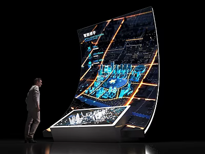 Man Observing High Tech Sand Table With Curved Display Urban Map And Building Models 3d model