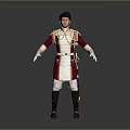 Military Uniform In Red White With Gold Accents Black Hat White Gloves And Boots