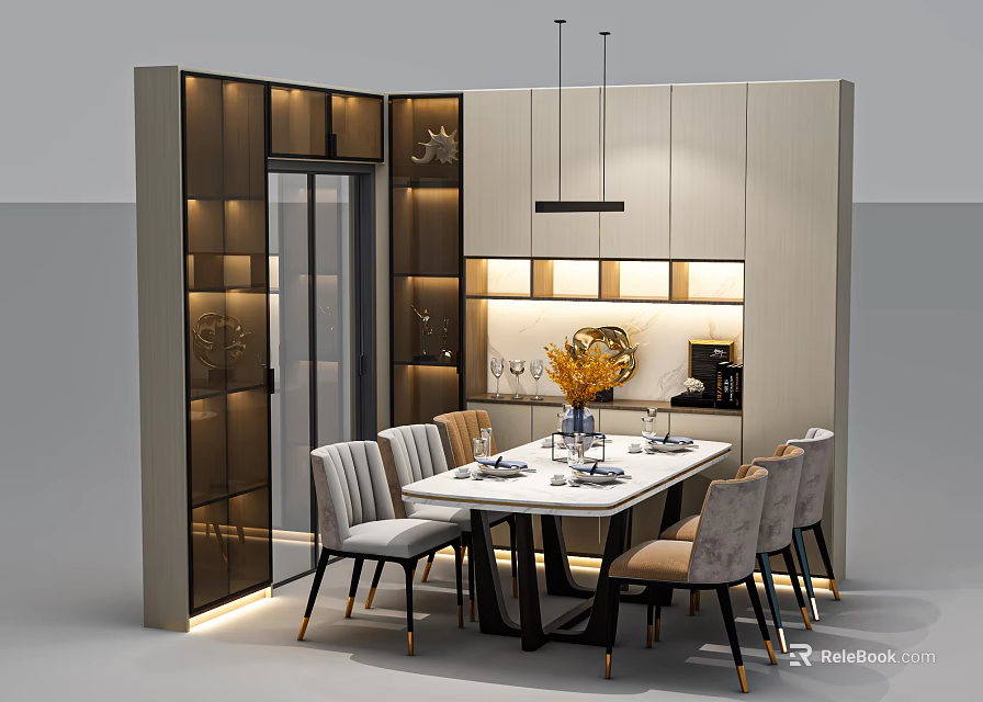 Modern Dining Table Set With Chairs Wall Lighting Flower Arrangement And Tableware 3d model
