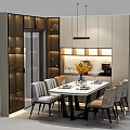 Modern Dining Table Set With Chairs Wall Lighting Flower Arrangement And Tableware 3d model