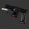 Detailed Blue Pistol With Disassembled Magazine Bullets And Grip Components