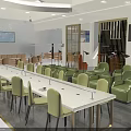 Modern Public Interior Space With Long Table Green Chairs Sofas TV And Decorative Partition