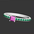 Silver Band Ring With Purple Center Gemstone And Green Side Stones