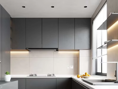 Modern Kitchen Interior Design With Dark Gray Cabinets White Countertop And Natural Light 3d model