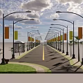 Road Infrastructure Featuring Street Lamps Yellow Banners Sidewalks Palm Trees And Green Grass