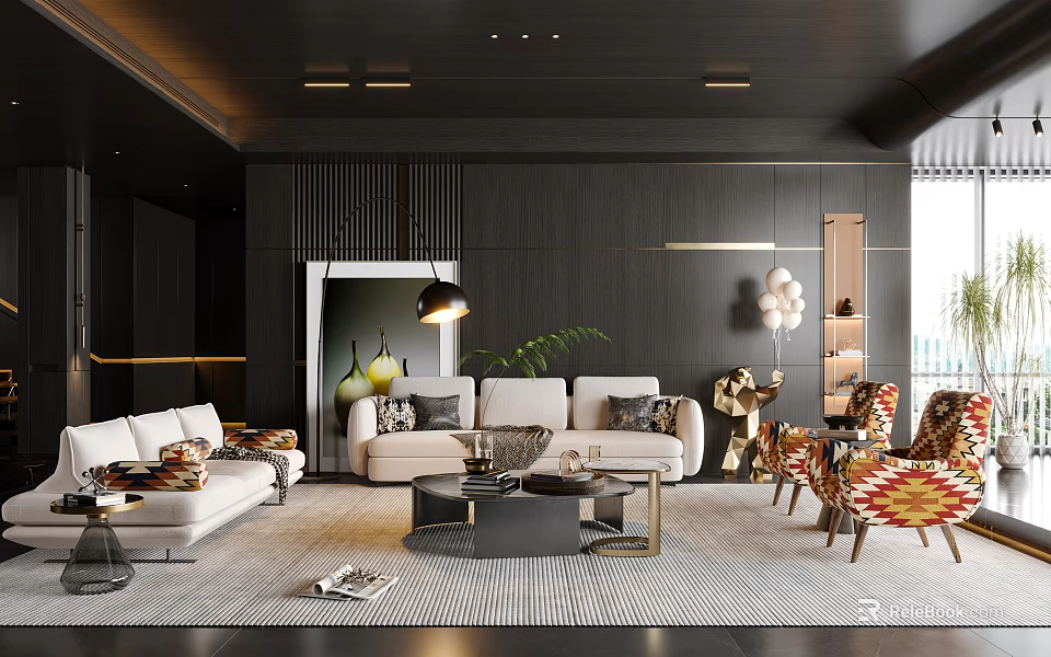 Elegant Modern Living Room Interior With Black Walls White Sofa And Geometric Pattern Rug 3d model 