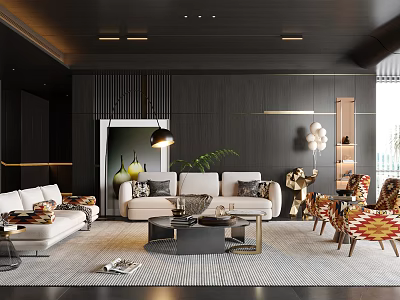 Elegant Modern Living Room Interior With Black Walls White Sofa And Geometric Pattern Rug 3d model