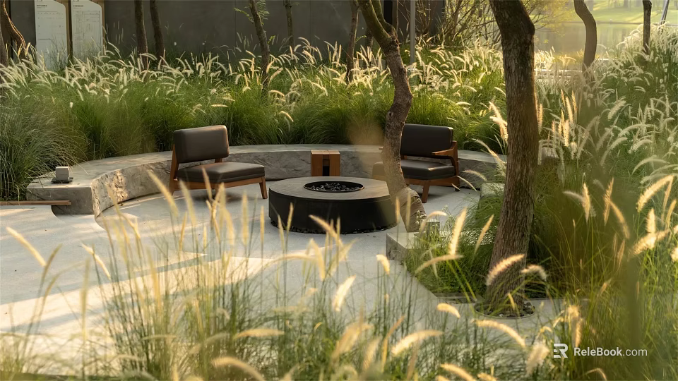 Outdoor Sofa With Fire Pit In Natural Garden Surrounded By Trees And Tall Grass 3d model 