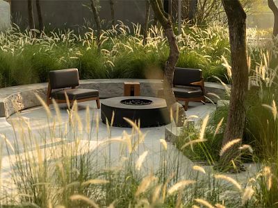 Outdoor Sofa With Fire Pit In Natural Garden Surrounded By Trees And Tall Grass 3d model