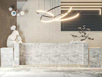 Modern Reception Desk Interior with Marble Counter Sculpture Circular Lighting and Geometric Wall 3d model