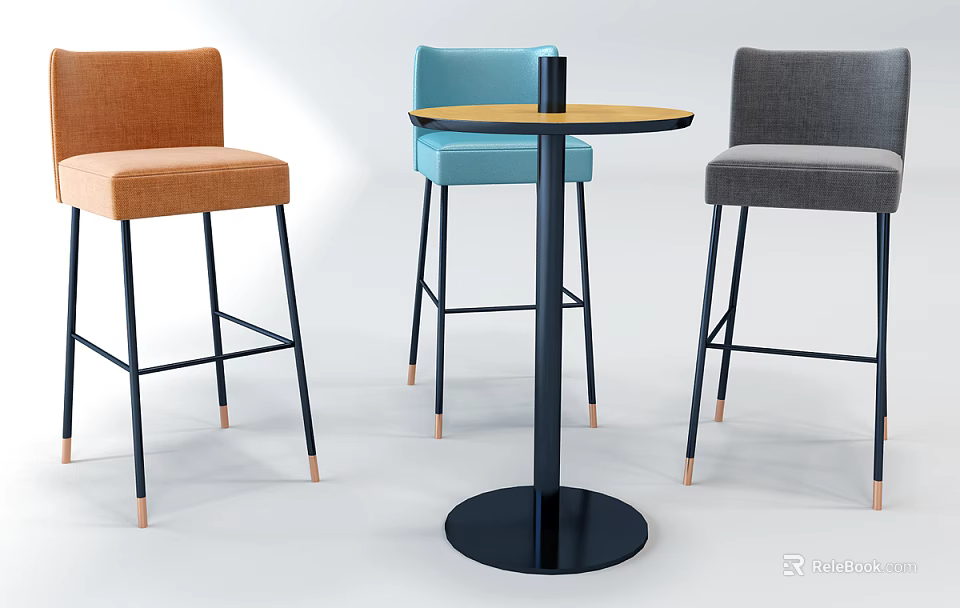 Round Black Bar Table With Colorful Stools And Copper Foot Caps For Modern Kitchen 3d model 