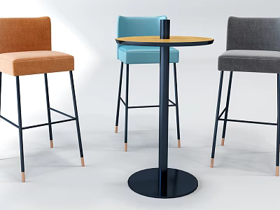 Round Black Bar Table With Colorful Stools And Copper Foot Caps For Modern Kitchen 3d model