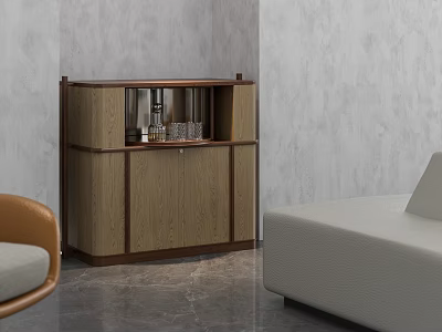 Modern Wooden Sideboard With Open Shelf Glassware And Bottles In Contemporary Room 3d model