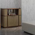 Modern Wooden Sideboard With Open Shelf Glassware And Bottles In Contemporary Room