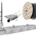 Building Construction Components With Steel Bars Wheelbarrow Cable Reel And Concrete Elements