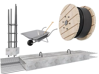 Building Construction Components With Steel Bars Wheelbarrow Cable Reel And Concrete Elements 3d model