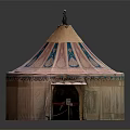 Traditional Tent Shaped Building With Pointed Roof Decorative Patterns And Door Canopy