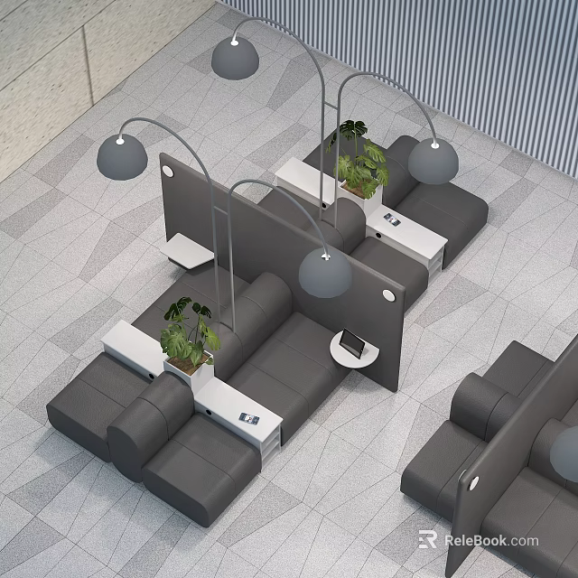 Modern Office Desk Setup With Partition Curved Floor Lamps Green Plants And Gray Seats 3d model 