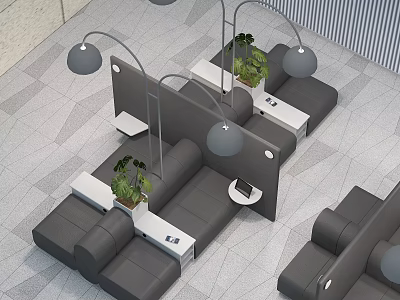 Modern Office Desk Setup With Partition Curved Floor Lamps Green Plants And Gray Seats 3d model