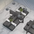 Modern Office Desk Setup With Partition Curved Floor Lamps Green Plants And Gray Seats